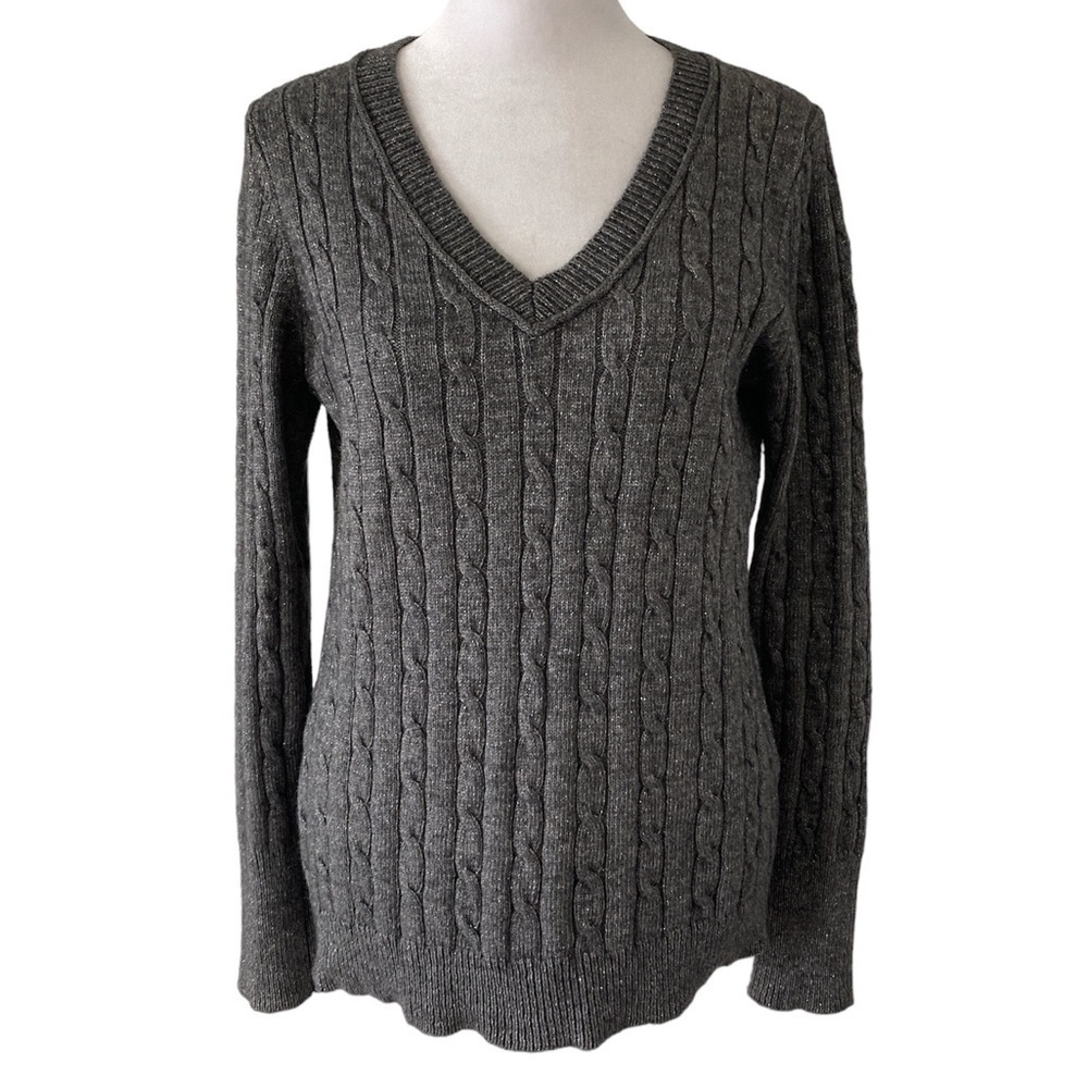 LOFT Medium sweater gray c-neck metallic threads cable